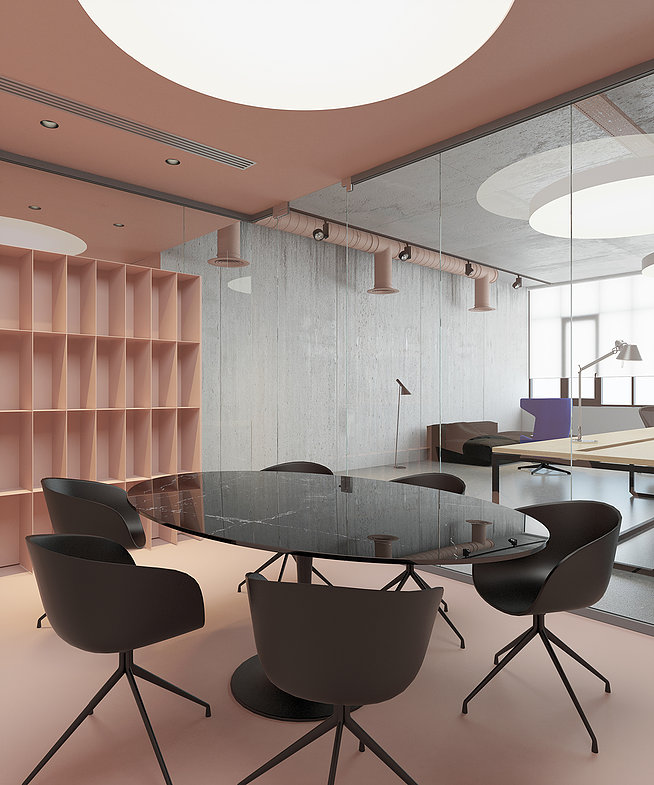 Минимализм, milenial pink и бетон в интерьере офиса площадью 88 кв.м.