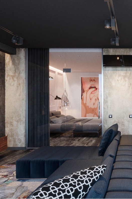 Брутальный мужской интерьер однокомнатной квартиры с розовой спальней