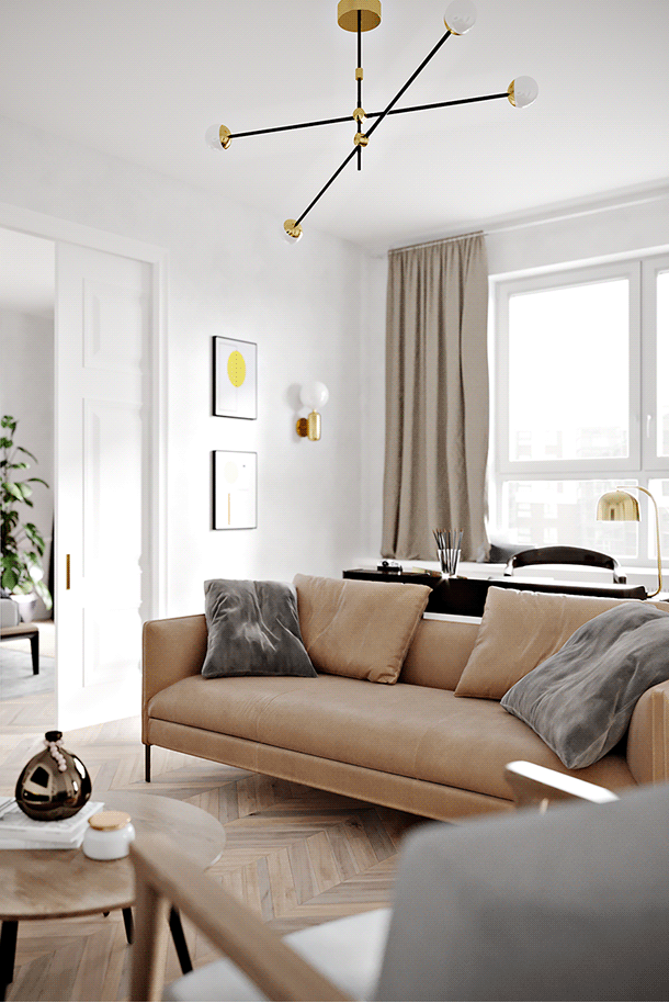 Современный изысканный интерьер двухкомнатной квартиры с винтажными акцентами