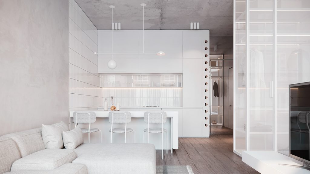 Белый лофт: светлый интерьер квартиры площадью 42 м² в стиле лофт