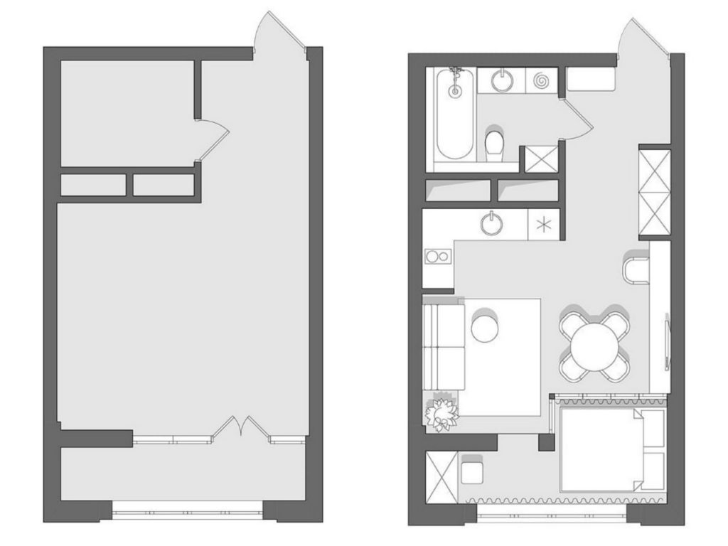 Прекрасный пример функционального зонирования в квартире-студии площадью 31,5 м²