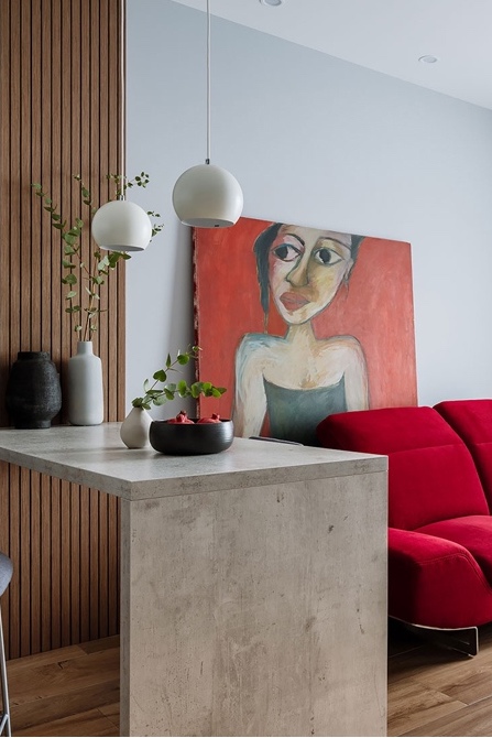 Игра цвета: красный диван в спокойном интерьере квартиры с одной спальней площадью 53 м²