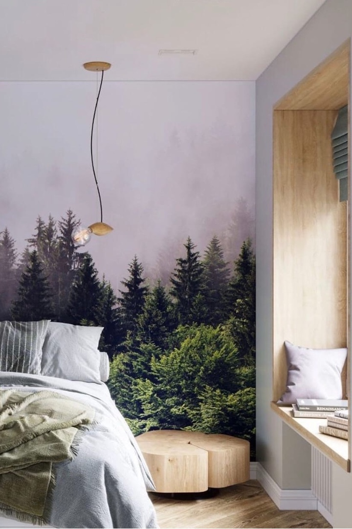 Ближе к природе: интерьер однокомнатной квартиры площадью 31 м² с лесом в спальне