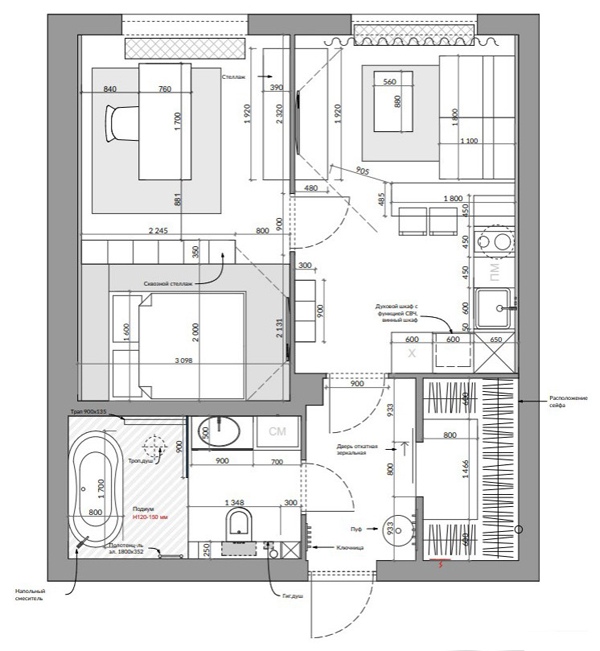 Интерьер в серой палитре: дизайн однокомнатной квартиры площадью 48 м² для молодого мужчины