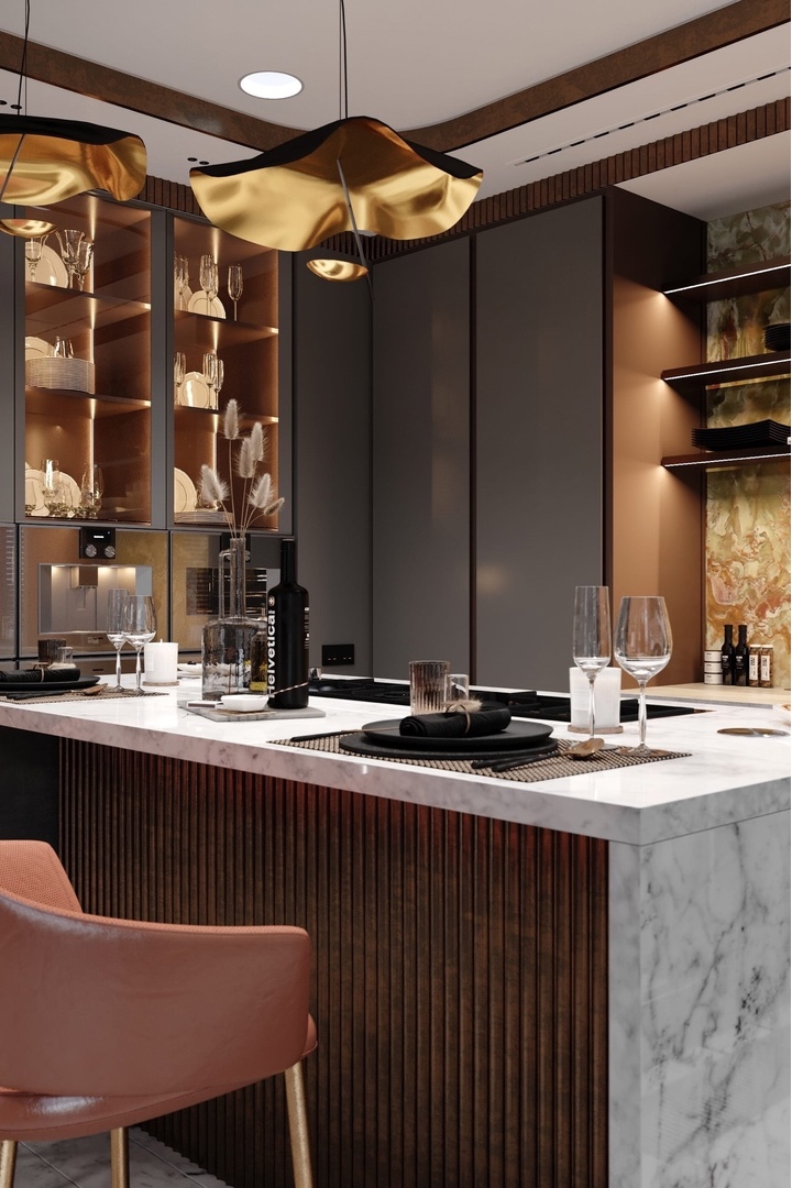 Роскошный интерьер кухни-столовой с теплыми бронзовыми акцентами